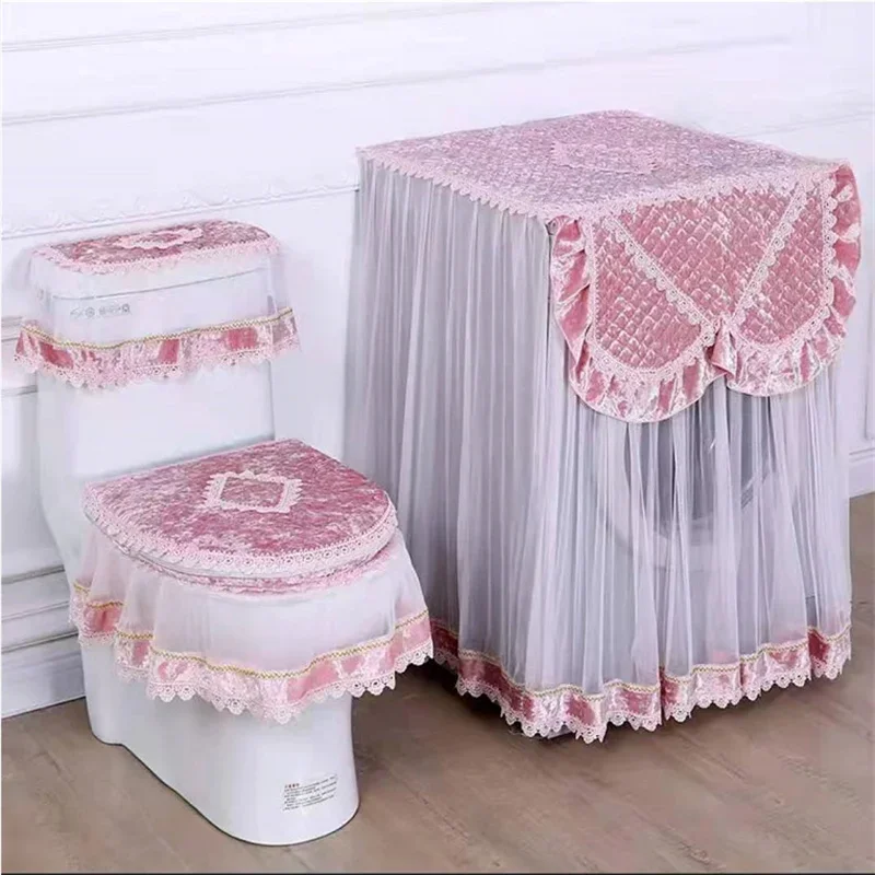 Lace Embroidered Toilet Three Piece Washing Machine Cover Home Decoration Velvet Toilet Cover Detachable Washing Machine Cover