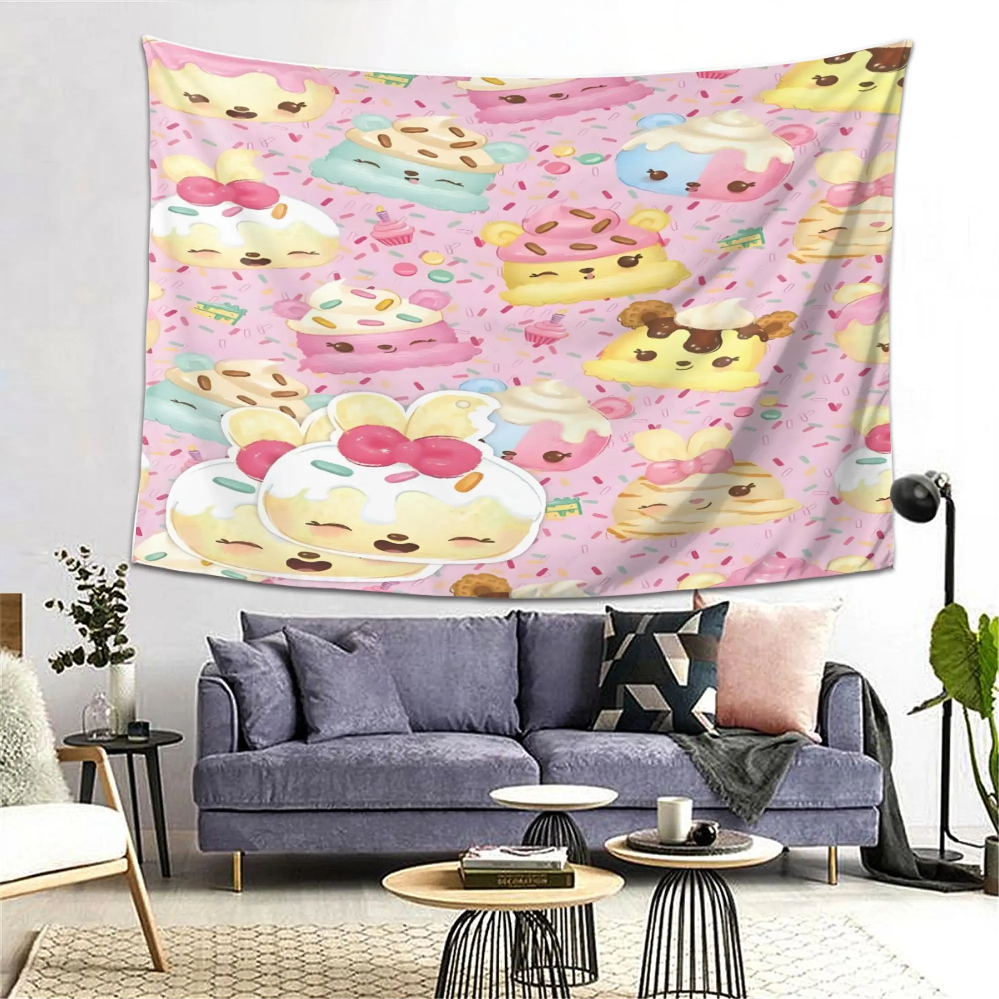 Kawaii Dessert Tapestry, Cute Cake Pattern Wall Hanging, Pink Sweet Food Decor, Aesthetic Dorm Room Background Cloth