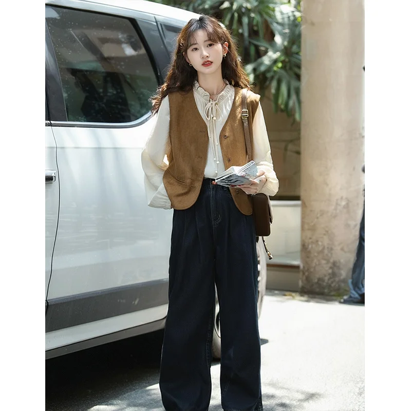 Otoño coreano sensación de gama alta mujer ligero Maturi Sle irt chaleco Jeans camiseta conjunto de piezas Faionable Casual largo Sve irt