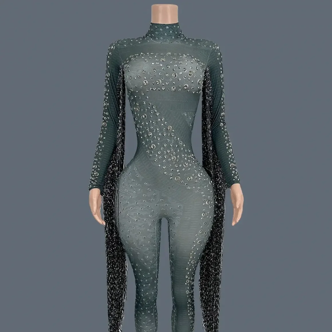 

Dance Costume Spandex tassel Jumpsuit Shining Rhinestone Dancer Bodysuit Party Night Club Stage Performance Outfit Guoqing