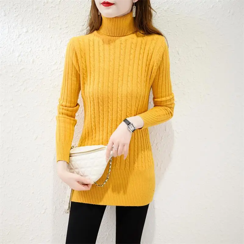 Basic Pile Collar Midi Knitted Sweaters Casual Solid Color Female Clothing 2023 Autumn Winter Stylish Screw Thread Loose Jumpers