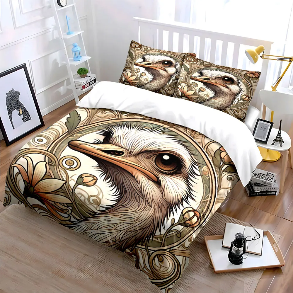 Floral Ostrich Art Decor Set Soft Skin-Friendly Bedding Set Includes 1 Duvet Cover And 2 Pillowcase, Gift