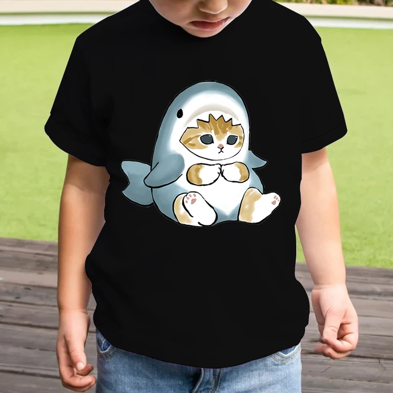 2024 New Shark Cat T-shirts Cartoon Printed Girls Boys Tees Tops Short Sleeve Animal Kitten Clothes for Summer Kids Gift Tshirt