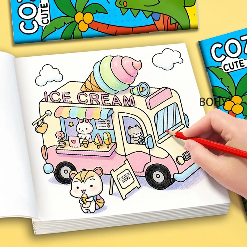1 Puzzle Coloring Pencil Coloring Brochure, with Animal/food/cartoon Pattern and Other Line Draft Themes, 24 Pages, Good Gift