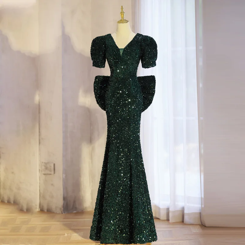 

Evening Dress Green Short Sleeves Pleat Floor-Length Bow Lace Up Mermaid Elegant Sequins V-Neck Party Formal Dresses Woman B2853