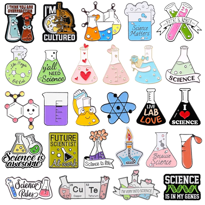 Science Chemical Enamel Pins Creative Test Tube Flask Flask Molecule Element Laboratory Brooch Lapel Badge Friends Jewelry Gifts