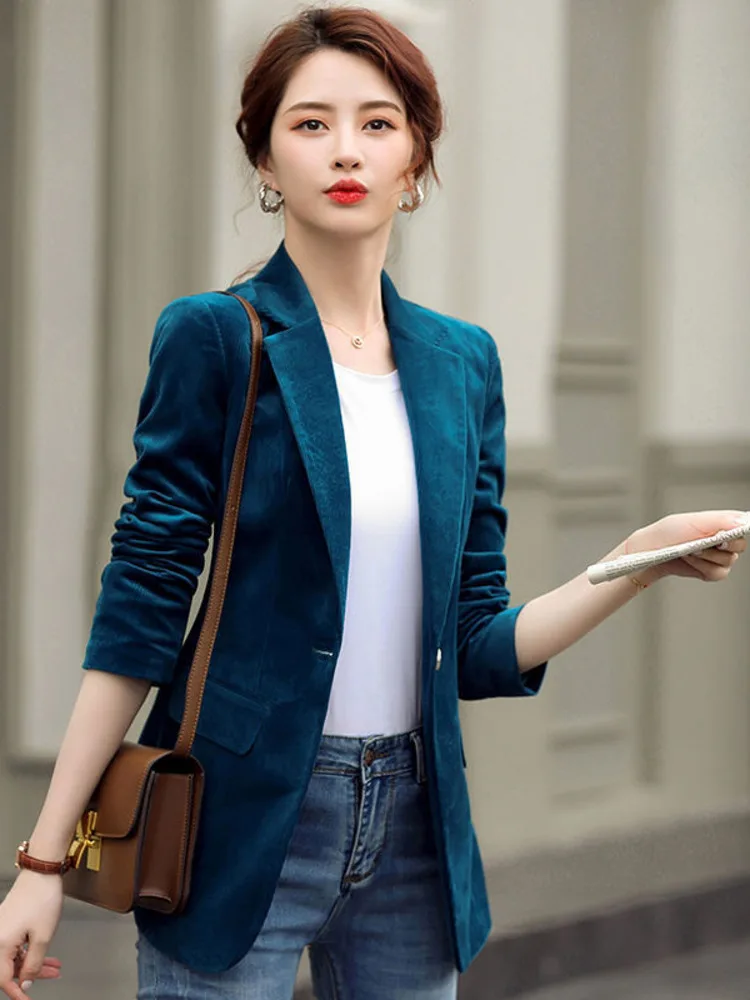 Women Blazer Corduroy Long Sleeve Retro Business Work Temperament Lapel Neck Loose Casual Solid Jackets 2023 New Spring Autumn