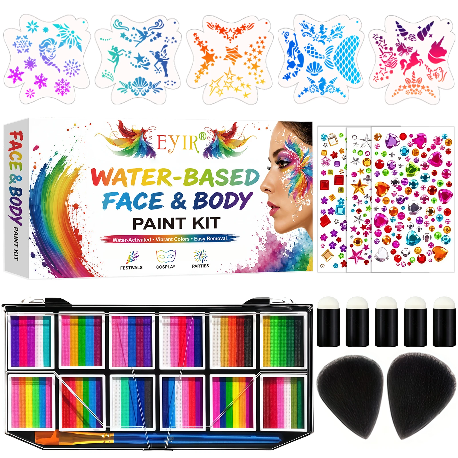 12 Colors Face Body Paint Kit Water Activated Makeup Set With Stencils Gems Sponge For Halloween Cosplay Festival Party