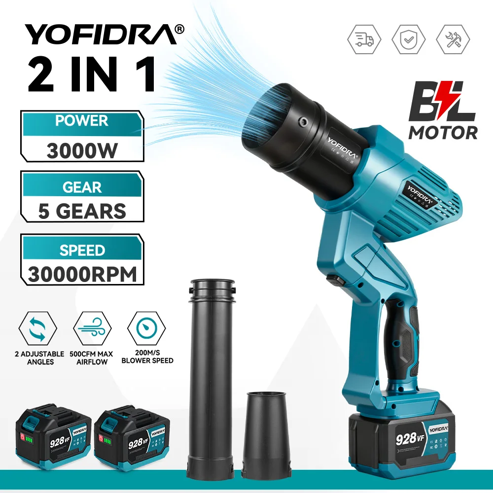YOFIDRA 5 vitesses 200 M/S ventilateur Turbo électrique sans brosse ventilateur de neige à feuilles tenu dans la main outil de soufflage de poussière pour broches de batterie Makita 18V