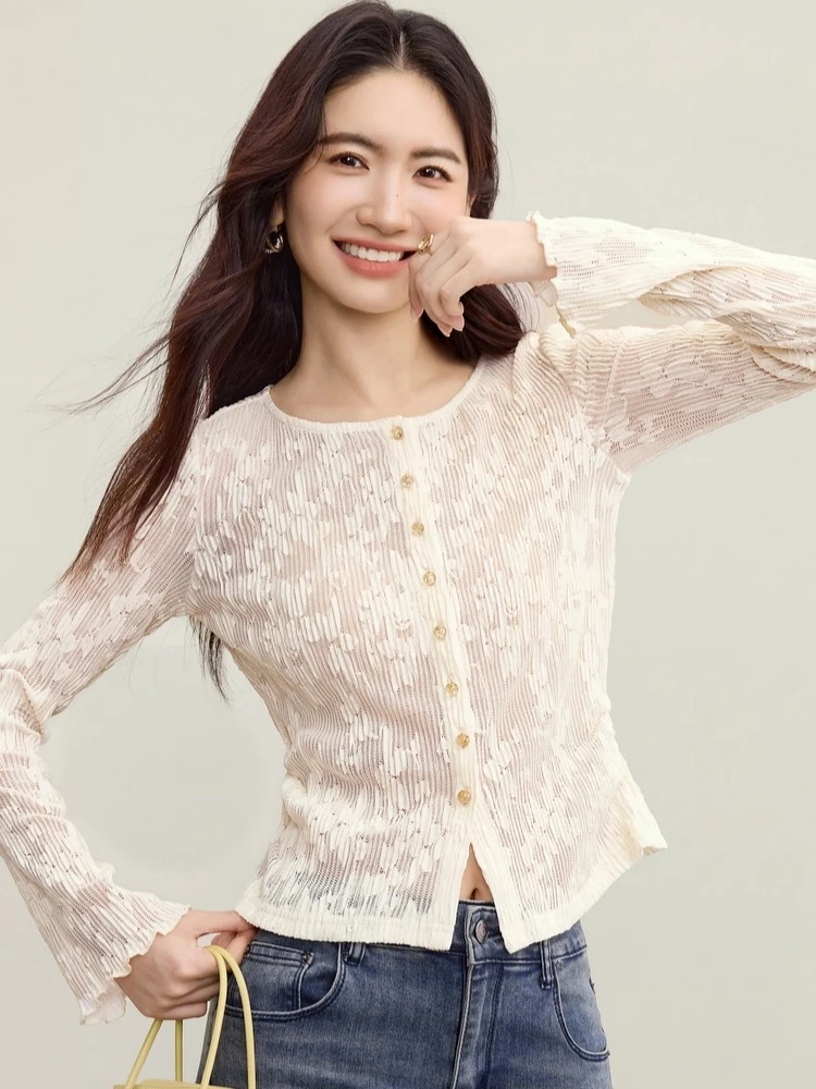 SENTUBILA Women's Lace Cardigan Autumn 2025 Elegant Commuter Waterprint Silhouette O-Neck Flared Sleeve Elastic Top 153SA3771 - Image 4