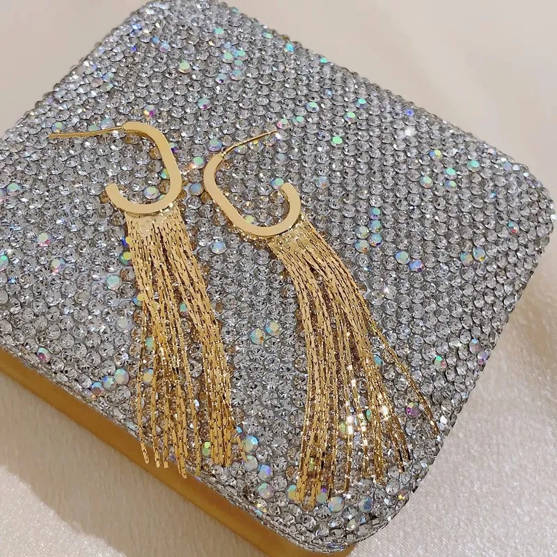 Fashion Statement Silver Color Long Metal Chain Bling Tassel Earrings for Women Wedding Ms Hot Jewelry Pendant Gifts Wholesale