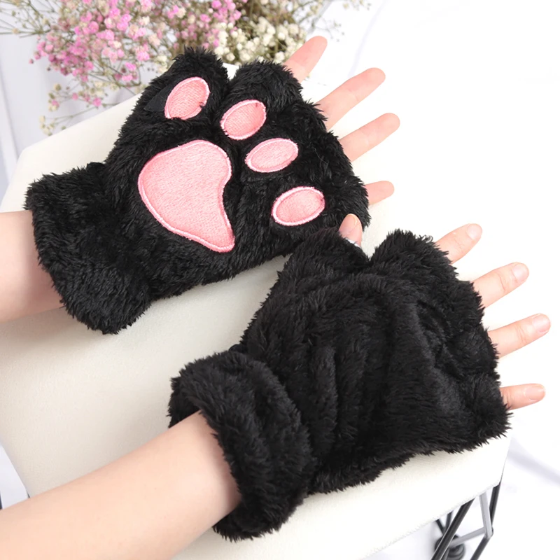 Women Cartoon Cat Claw Gloves Thickened Plush Lovely Style Bear Paw Exposed Fingers Half Winter Mittens Warm Girls Gift Gloves