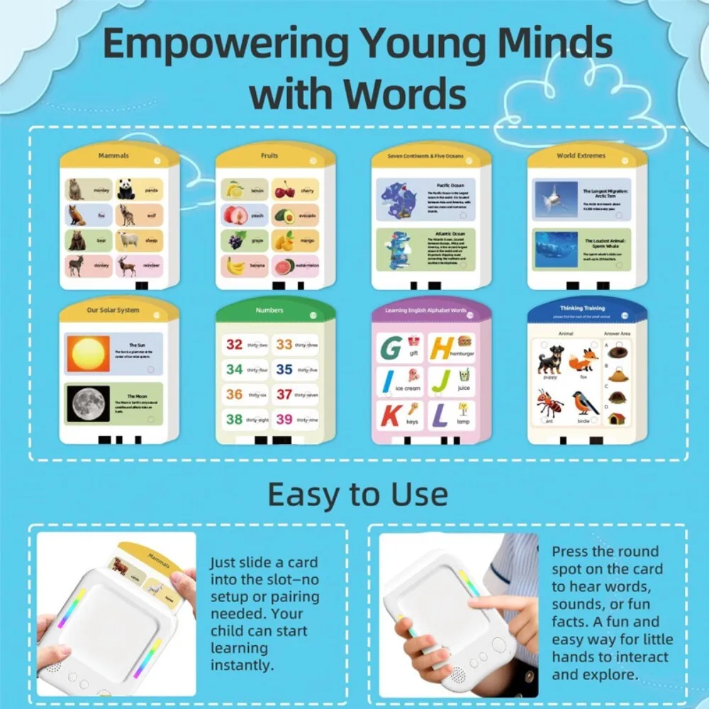 Máquina de lectura de inserción de tarjetas educativas para niños, juguete interactivo de aprendizaje temprano de inglés para niños en casa y escuela