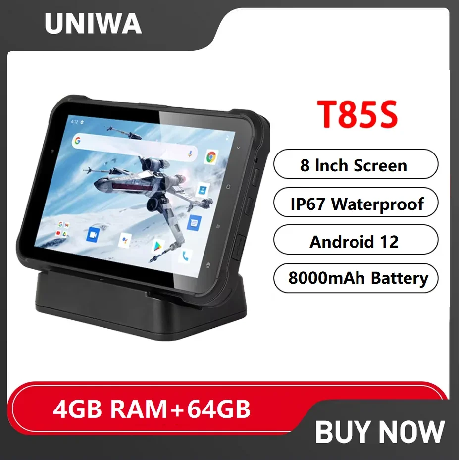 UNIWA T85S 4G Rugged Tablet PC 8 Inch Kiosk Mode 4GB RAM+64GB ROM 8000mAh IP67 Waterproof Industrial Android NFC with 2D Scanner