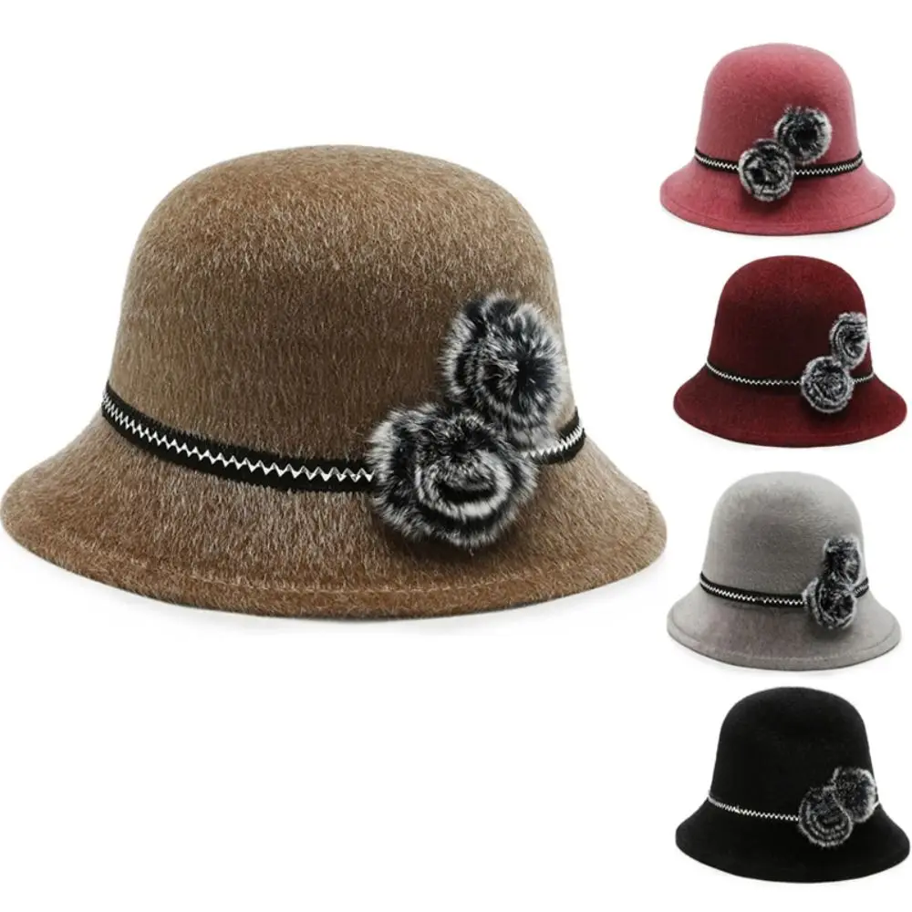 Fashion Imitation Fur Ladies Bucket Cap With Flower Elegant Women Dome Hat Casual Vintage Bowler Hat Autumn Winter