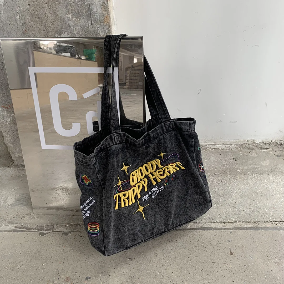 Umhängetaschen Für Frauen Casual Denim Taschen stickerei Weibliche Schulter Tasche Pack Reise Zipper Handtasche Tote Damen Umhängetasche