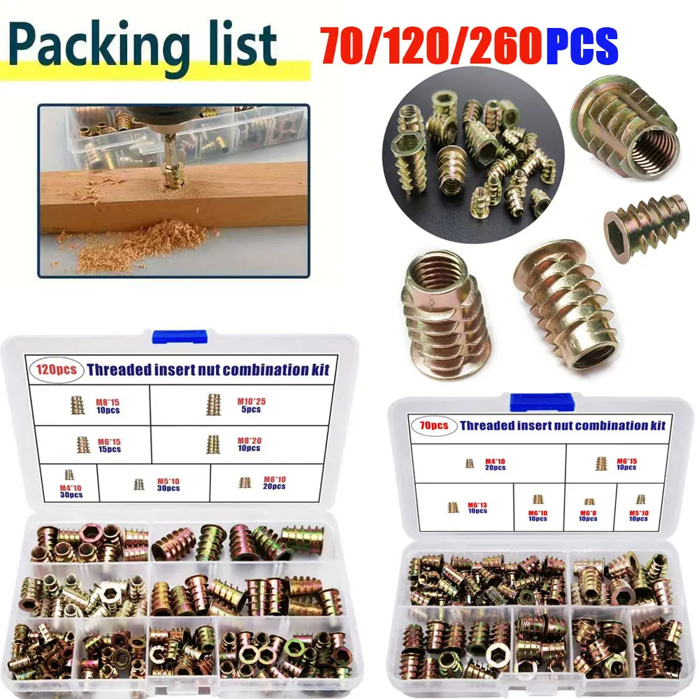 70/120/260pcs Threaded Inserts Nut Combination Tool Kit for Wooden Furniture Hexagon Socket Screw Connectors Bolt Fastener
