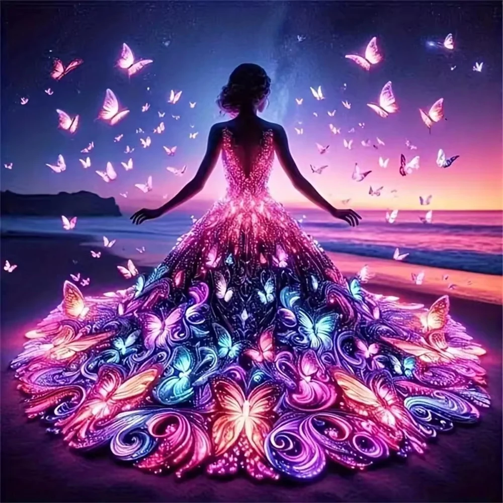 

Enchanted Butterfly Gown Silhouette Jigsaw Puzzle, Magical Beach Sunset Decor Brain Challenge Scenic Art Puzzle for Gift