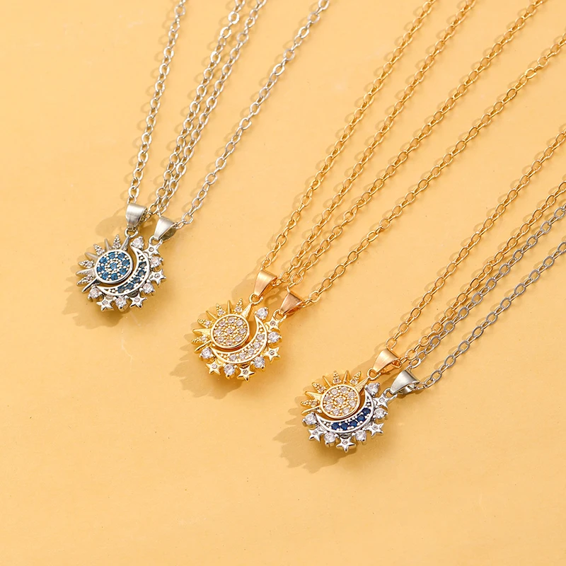 2-teiliges Set Magnetische Sonne-Mond-Anhänger Halsketten für Frauen und Männer Metall Zirkon Strass Sonne-Mond Paar-Halsketten Set Schmuck Geschenke – Detail 8