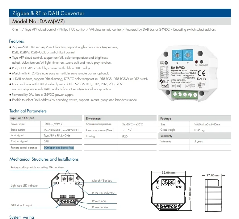 DA-M(WZ) 6in1 Zigbee&RF to DALI Converter Controller Tuya APP Philips HUE Control Support Single color CCT RGB RGBW RGB+CCT Lamp