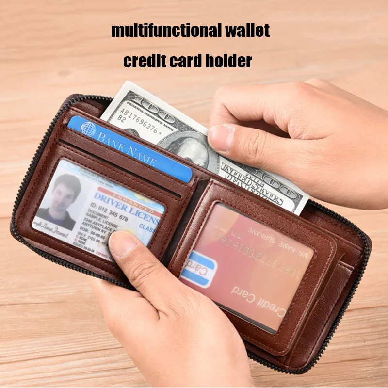 New Men Leather Wallet Business Credit Card Holder RFID Blocking Pocket Coin Purse Zipper Wallet Male High Quality