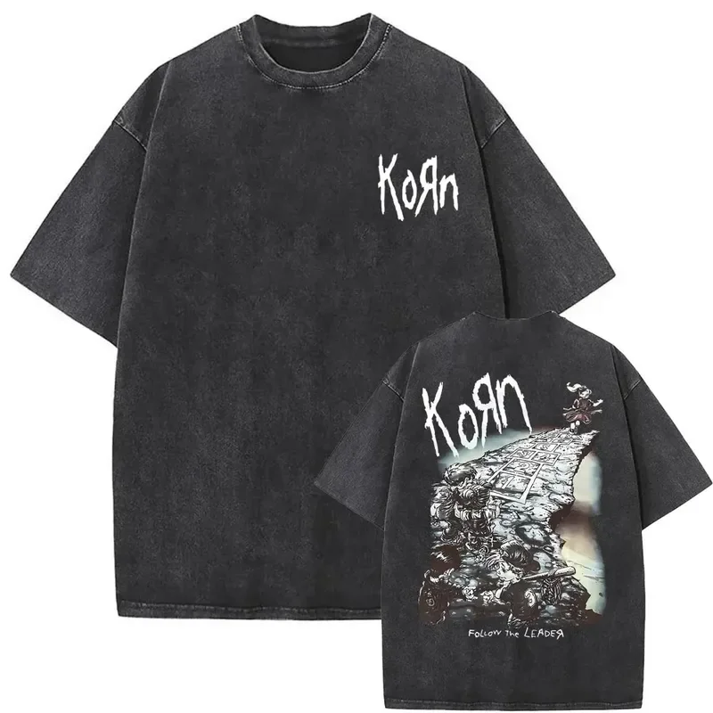 Camisetas com estampa de esqueleto masculinas, banda de rock vintage lavada, Korn caindo longe de mim, camiseta gótica, camiseta masculina extragrande, moda