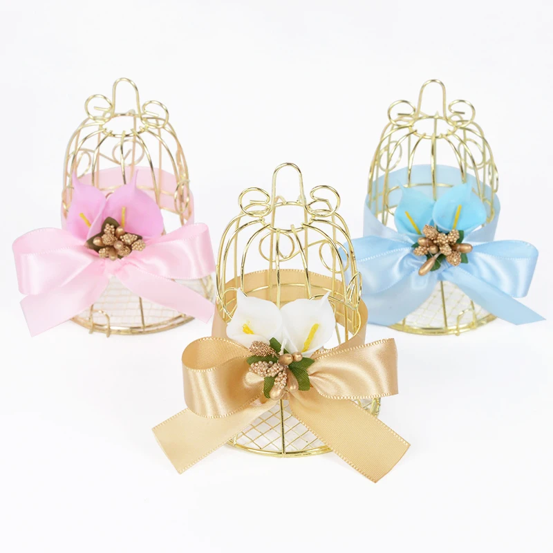 10Pcs Mini Metal Gold Vintage Retro Bird Cage Candy Boxes Baby Shower Favor Gift Box For Guests Wedding Party Birthday Souvenir