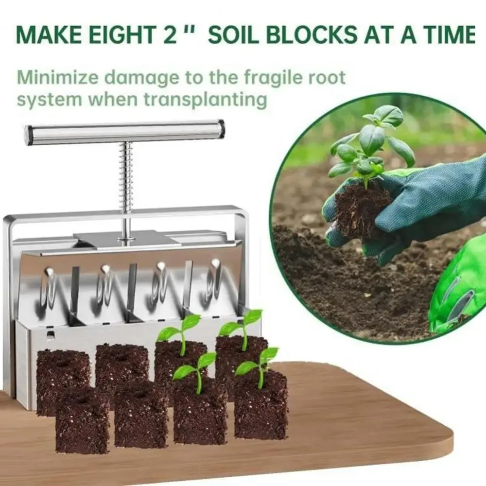 8-Cell Metal Soil Block Maker with Ergonomic Handle Handheld Soil Cube Making Tool for Garden Seedling Germination Potting