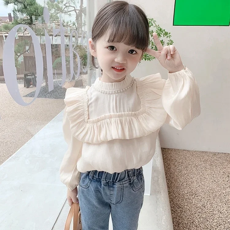 2024 Spring Cotton Solid Lace White Blouse Summer Striped Shirt Korean Baby Long Sleeve Tops Cute Shirts School Girls Blouses