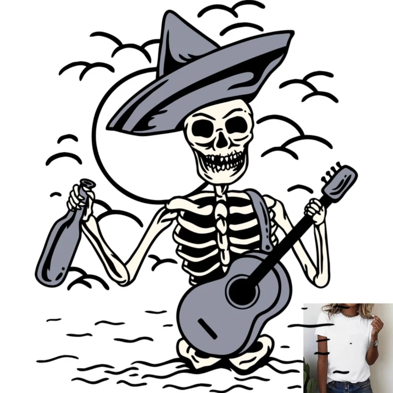 Vintage Skeleton with Guitar & Bottle Pattern Heat Transfer White Ink Iron - on Sticker, Trendy Decal for T - shirts, Canvas
