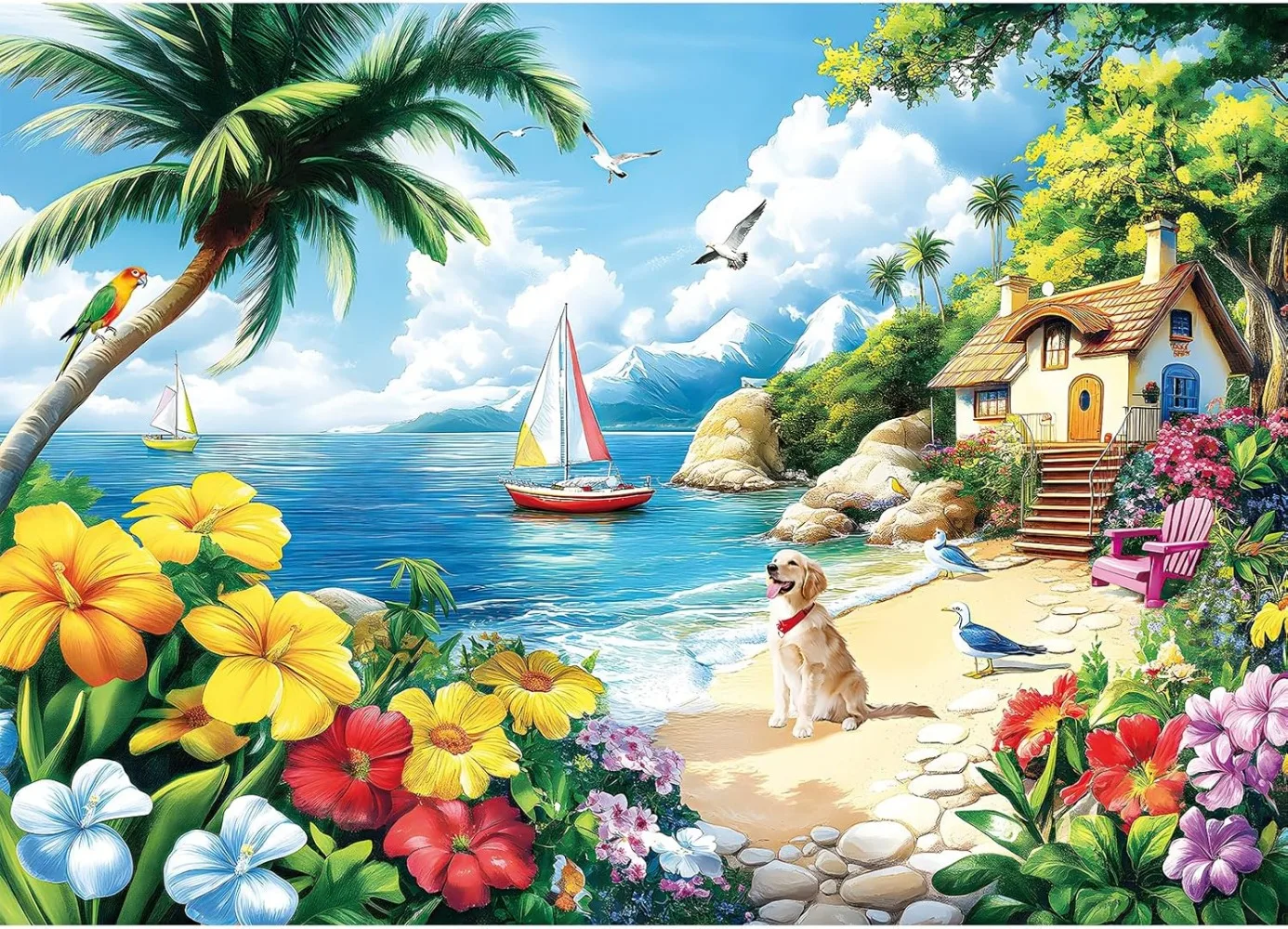 

Seaside Dog Bird Flowers 1000/500/300/120 Pieces Jigsaw Puzzles for Adults Home Decor Challenging Family Educational Toys Game