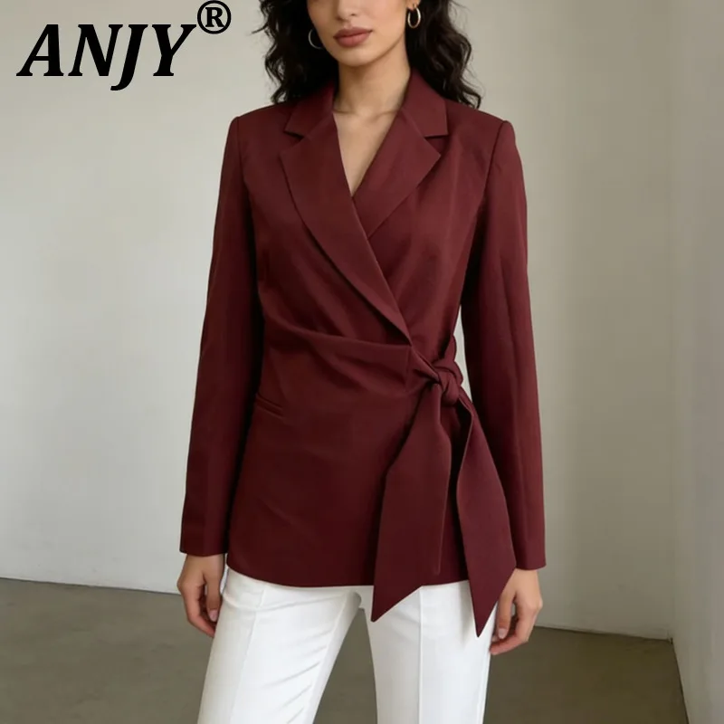 

ANJY Весенне-осенний новый женский элегантный ретро-блейзер с завязками на талии, приталенный, модный, однотонный, повседневный пиджак-костюм A22274