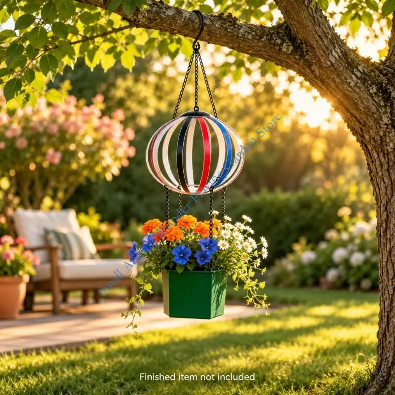 Hot Air Balloon Hanging Planter Holder, Painted Metal Frame with Integrated Hook and Chain for Vertical Indoor or Outdoor Plant