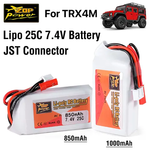 ZOP Power 7.4V Lipo Battery 25C 850/1000mAh Lipos with JST for TRX4M RC Car