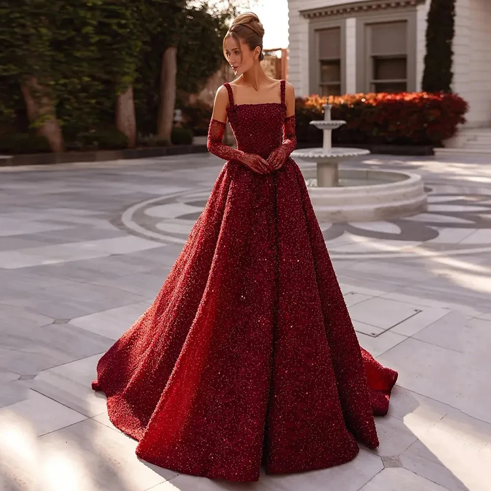 Customized Sequin A Line Engagement Dresses Square Neck Beading Evening Gown Corset Princess vestidos de novia Sweep Train