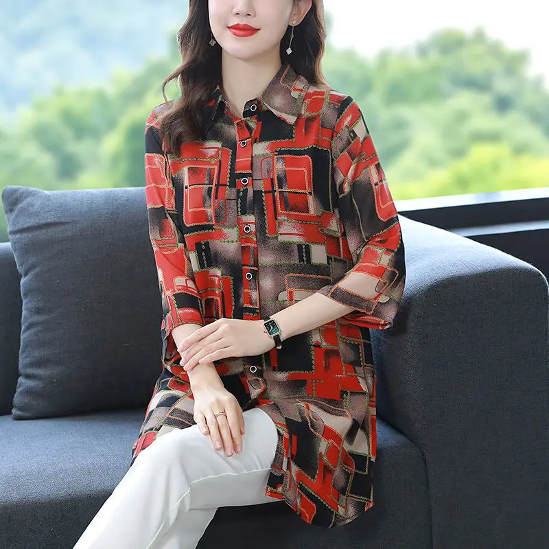 Elegant Vintage Single-breasted Printed Polo-Neck Shirt Summer New Women's Clothing Fashion Casual Chiffon Blouse for Female