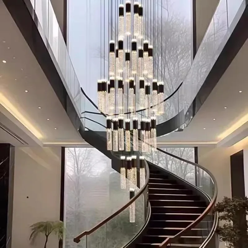 Stair chandelier light luxury, art crystal villa living room lamp loft apartment building mid-floor empty, duplex building