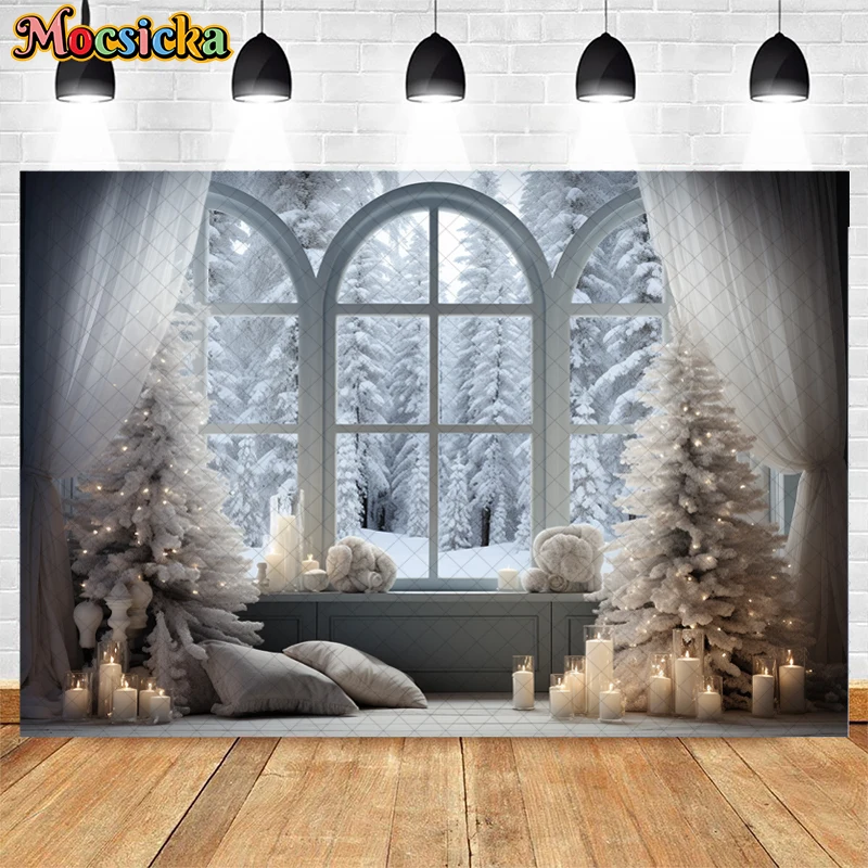 Mocsicka-Fondo de fotografía de invierno y Navidad para niños, ventana de nieve, bosque, árbol de Navidad, retrato familiar, decoración de estudio