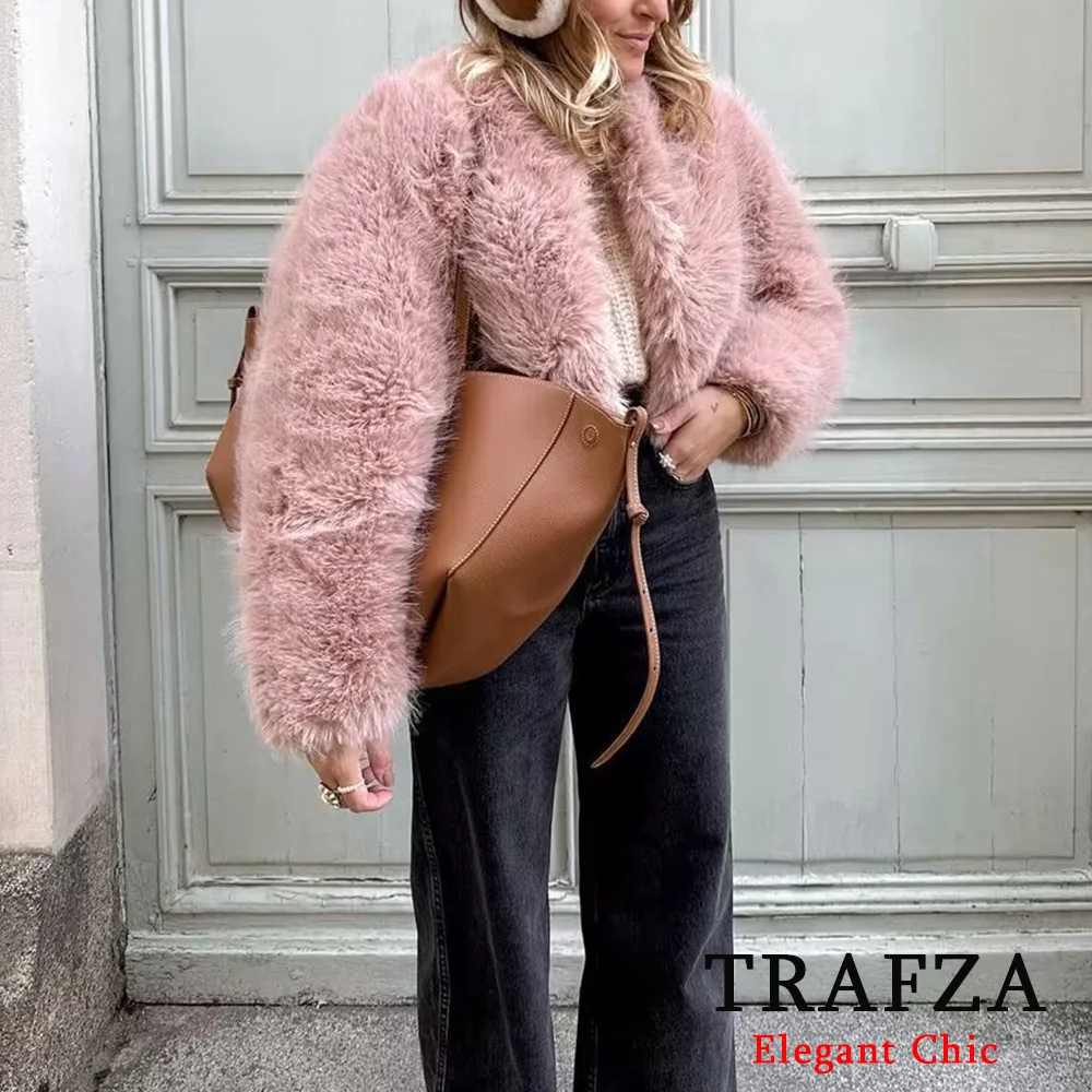 TRAFZA-Women Fashion Faux Fur Short Jacket Coat Pink Black Coat New 2024 Autumn Winter Fashion Elegent Casual Lazy Short Jacket