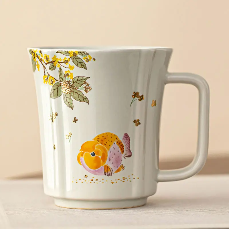 

Изысканная кружка с принтом и дизайном золотой рыбки османтуса — идеально подходит для офиса, кофе, керамической легкой роскошной чашки для чая, идеально подходит для девочек