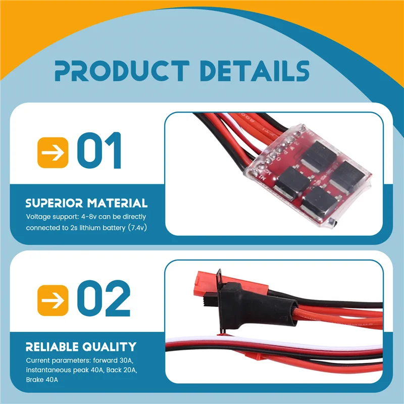 AAAEL-Compact 30A ESC للمحركات المصقولة، 4-8 فولت مع أسلاك JST لسيارات التحكم عن بعد