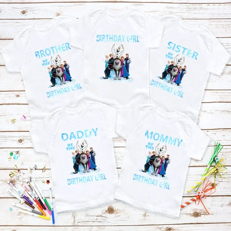 Disney Family Matching Outfits For Birthday Girl Frozen Elsa Anna Theme Party Family Look T-shirt Kids Clothes Father Mother