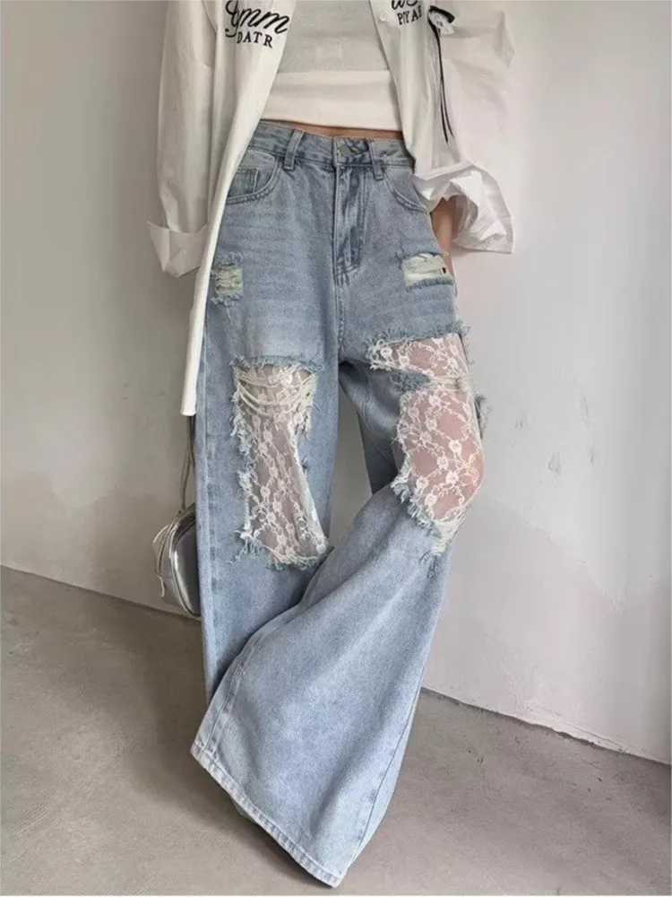 

Модные кружевные лоскутные джинсы в стиле ретро для женщин, новинка 2025 года, повседневные рваные широкие джинсовые брюки с высокой талией