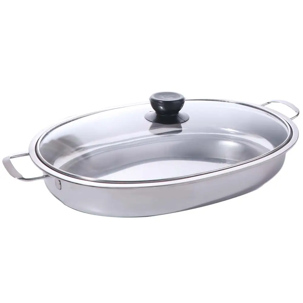 

Multipurpose Stainless Steel Oval Grilled Fish Pan Deepened Rust-proof Fish Steamer with Lid with Handle Hot Pot Commercial