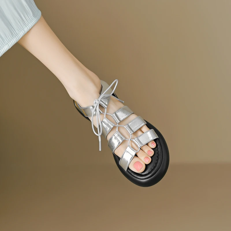 

Genuine Leather Platform Open Toe Mid Heel Roman Sandals Summer New Gold Silver Strappy Chunky Heel Shoes for Women