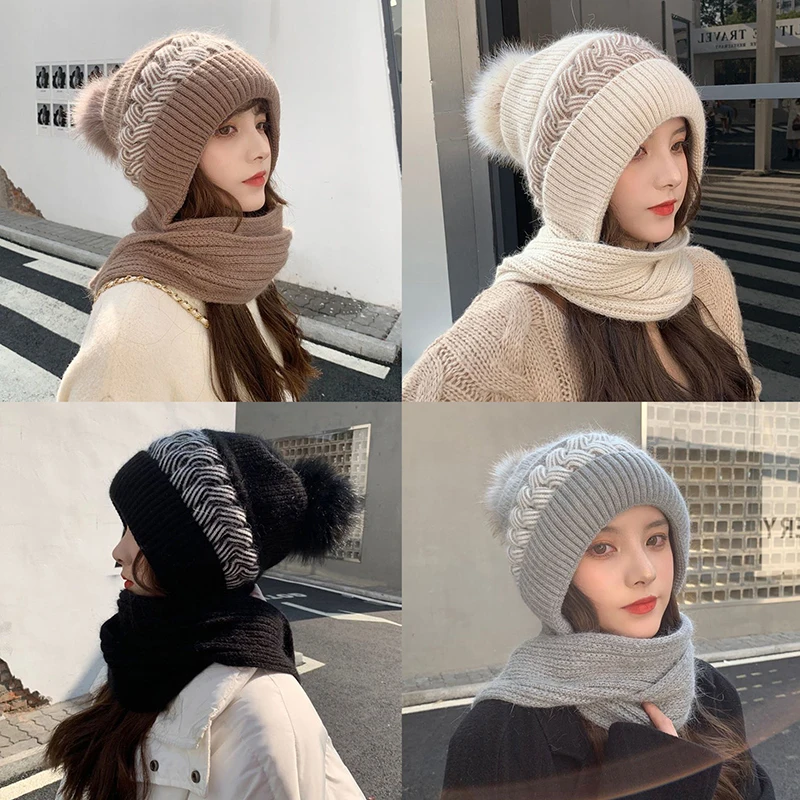 Winter Knitted Skullies Hat Scarf Set Cold Proof Ear Protection Scarf Warm Girls Beanies Cycling Windproof Ladies Outdoor Caps