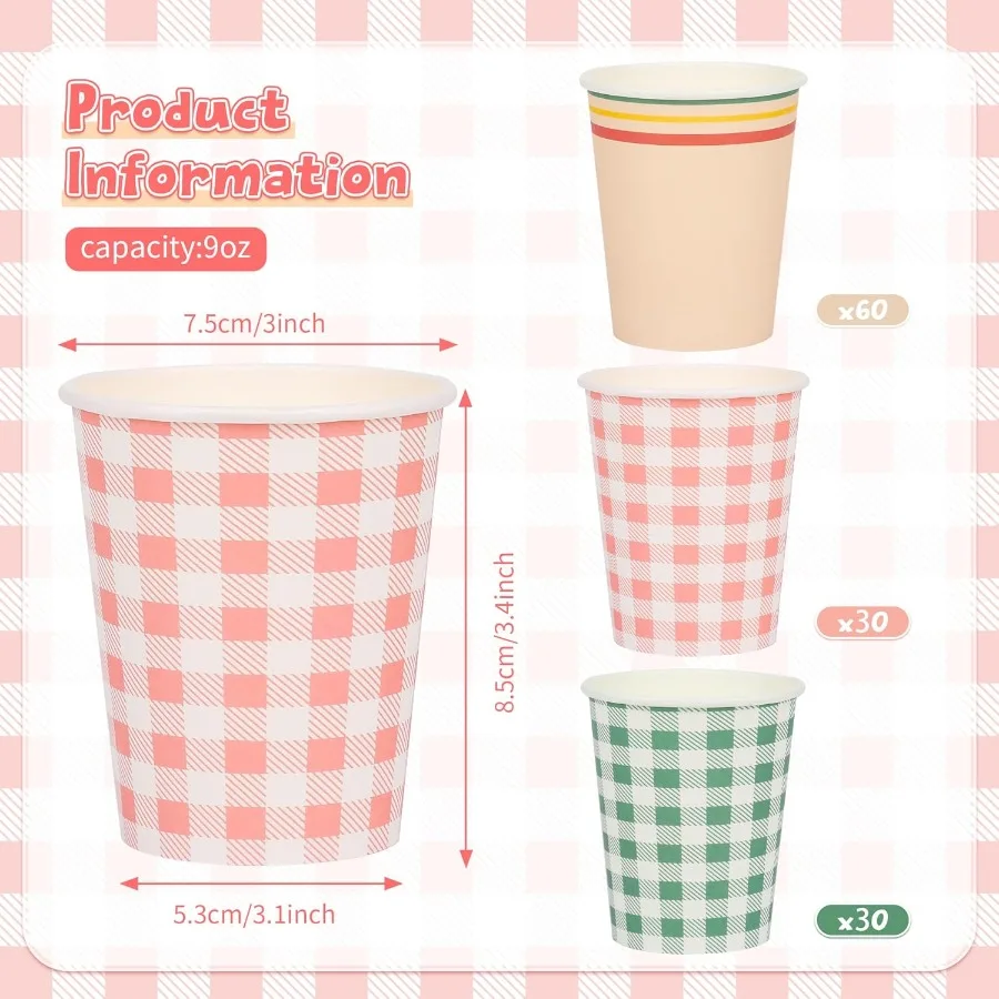 120 قطعة 9 أوقية القماش القطني كامب العازبة أكواب الشرب الورقية أكواب نزهة خضراء الوردي عشاء حفلة إعداد أكواب متقلب المتاح #3