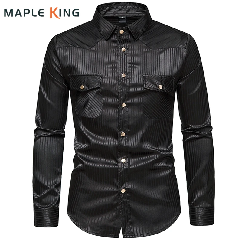 Metal Button Goth Shirts For Men Double Pocket Steampunk Striped Shirts Party Singer Stage Streetwear Mens Camisa Social Preta