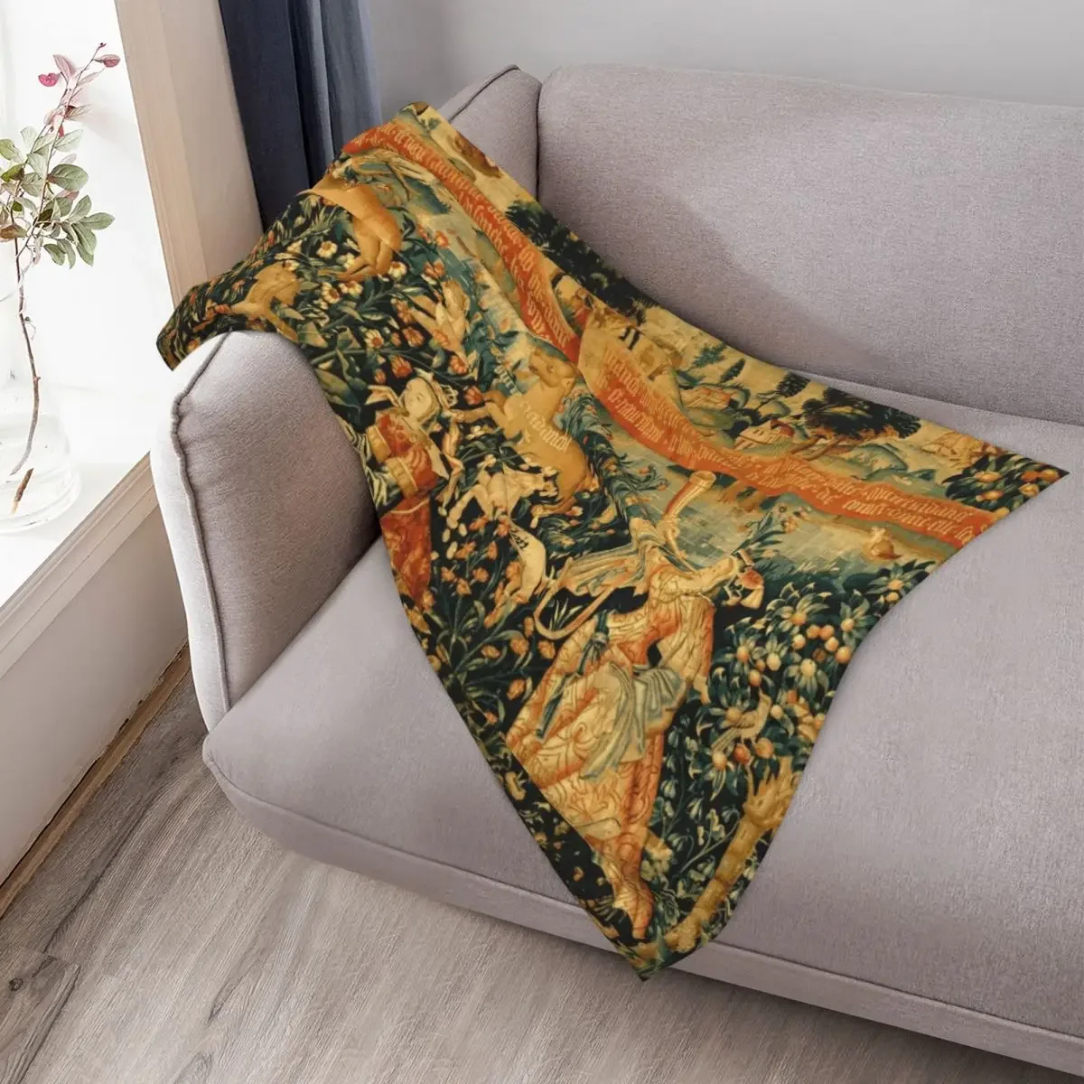 مشهد صيد الغزلان في العصور الوسطى مع السيدات والكلاب العتيقة نسيج رمي بطانية التخييم لبطانيات المعزي رقيقة أريكة #3