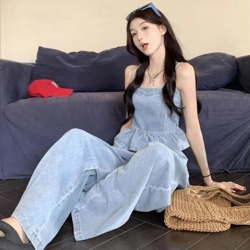 Cotton Denim Pants Suits For Women Loose Fahion Office Lady Style Sexy Backless Camisole Vest Tops High Waist Wide Leg Pants Set